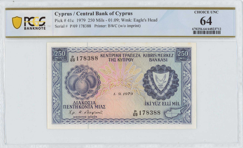 CYPRUS: 250 Mils (1.9.1979) in blue on multicolor unpt. Fruits at left and arms ...