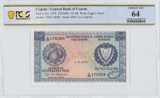 CYPRUS: 250 Mils (1.9.1979) in blue on multicolor unpt. Fruits at left and arms at right on face. S/N: "P/69 178388". WMK: Eagle head. Printed by (BWC...