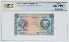 CYPRUS: 250 Mils (1.6.1982) in blue on multicolor unpt. Fruits at left and arms at right on face. S/N: "S/81 003537". WMK: Eagle head. Printed by (BWC...