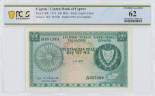 CYPRUS: 500 Mils (1.5.1973) in green on multicolor unpt. Arms at right on face. S/N: "H/27 095300". WMK: Eagle head. Printed by (BWC). Inside holder b...