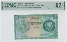 CYPRUS: 500 Mils (1.8.1976) in green on multicolor unpt. Arms at right on face. S/N: "K/41 207709". WMK: Eagle head. Printed by (BWC). Inside holder b...