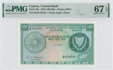 CYPRUS: 500 Mils (1.9.1979) in green on multicolor unpt. Arms at right on face. S/N: "M/49 078781". WMK: Eagle head. Printed by (BWC). Inside holder b...