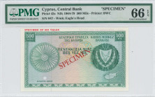 CYPRUS: Specimen of 500 Mils (ND 1964-79) in green on multicolor unpt. Arms at right on face. S/N: 047. Red ovpts "SPECIMEN OF NO VALUE" at upper marg...