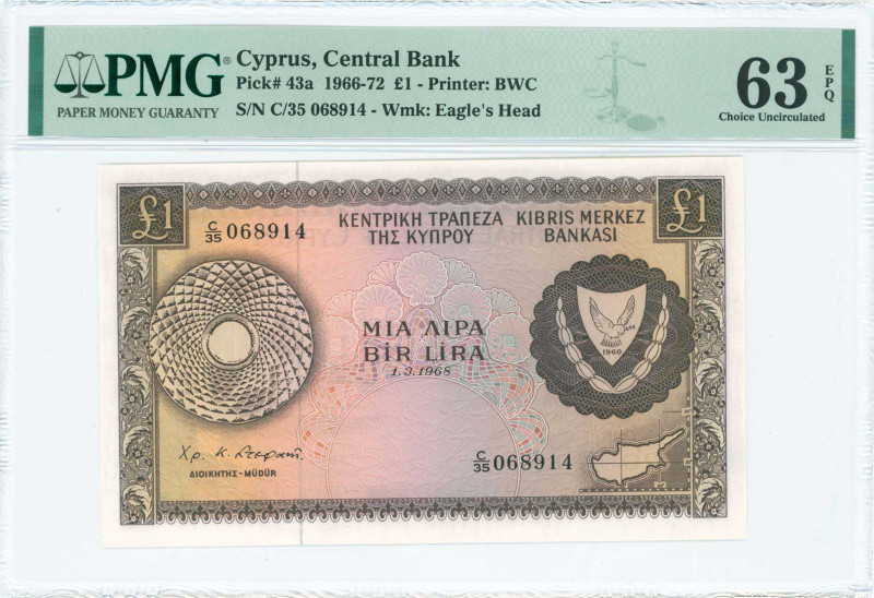 CYPRUS: 1 Pound (1.3.1968) in brown on multicolor unpt. Arms at right on face. S...