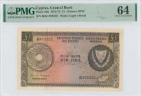 CYPRUS: 1 Pound (1.5.1973) in brown on multicolor. Arms at right and map of Cyprus at lower right on face. S/N: "H/63 012322". WMK: Eagle head. Printe...