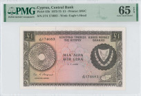 CYPRUS: 1 Pound (1.7.1975) in brown on multicolor. Arms at right and map of Cyprus at lower right on face. S/N: "J/74 174683". WMK: Eagle head. Printe...