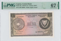 CYPRUS: 1 Pound (1.5.1978) in brown on multicolor unpt. Arms at right on face. S/N: "L/96 188670". WMK: Eagle head. Printed by (BWC). Inside holder by...