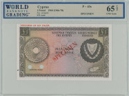 CYPRUS: Specimen of 1 Pound (ND 1966-78) in brown on multicolor unpt. Arms at right on face. S/N: 184. Red diagonal ovpt "SPECIMEN" at center and red ...