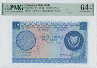 CYPRUS: 5 Pounds (1.6.1974) in blue on multicolor unpt. Arms at right on face. S/N: "O/141 746110". WMK: Eagle head. Printed by (BWC). Inside holder b...