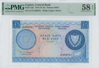 CYPRUS: 5 Pounds (1.8.1976) in blue on multicolor unpt. Arms at right on face. S/N: "S/174 080761". WMK: Eagle head. Printed by (BWC). Inside holder b...
