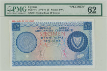 CYPRUS: Specimen of 5 Pounds (ND 1974-76) in blue on multicolor unpt. Arms at right on face. S/N: 60. Red ovpt "SPECIMEN OF NO VALUE" at upper margin ...