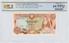 CYPRUS: 500 Mils (1.6.1982) in light brown on green and multicolor unpt. Woman seated at right and arms at top left-center on face. S/N: "B 314707". W...