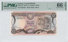 CYPRUS: 1 Pound (1.6.1979) in dark brown and brown on multicolor unpt. Mosaic of Nymph Acme at right and arms at top left center on face. S/N: "G 6381...