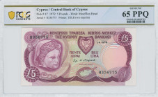 CYPRUS: 5 Pounds (1.6.1979) in violet on multicolor unpt. Limestone head from Hellenistic period at left and arms at upper right center on face. S/N: ...