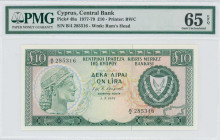 CYPRUS: 10 Pounds (1.5.1978) in dark green and blue-black on multicolor unpt. Archaic bust at left and arms at right on face. S/N: "B/4 285316". WMK: ...
