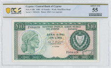 CYPRUS: 10 Pounds (1.7.1980) in dark green and blue-black on multicolor unpt. Archaic bust at left and arms at right on face. S/N: "F 894426". WMK: Mo...