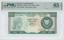 CYPRUS: 10 Pounds (1.9.1983) in dark green and blue-black on multicolor unpt. Archaic bust at left and arms at right on face. S/N: "P 115352". WMK: Mo...