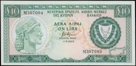 CYPRUS: 10 Pounds (1.9.1983) in dark green and blue-black on multicolor unpt. Archaic bust at left and arms at right. S/N: "M 307004". WMK: Moufflon h...