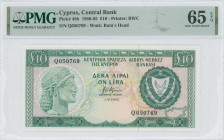 CYPRUS: 10 Pounds (1.6.1985) in dark green and blue-black on multicolor unpt. Archaic bust at left and arms at right on face. S/N: "Q 050769". WMK: Mo...