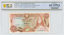 CYPRUS: 50 Cents (1.10.1983) in light brown on green and multicolor unpt. Woman seated at right and arms at top left center on face. S/N: "C 141955". ...