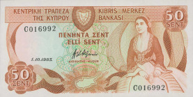CYPRUS: Lot composed of 4x 50 Cents (1.10.1983) in light brown on green and multicolor unpt. Woman seated at right and arms at top left center on face...