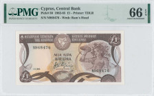 CYPRUS: 1 Pound (1.11.1982) in dark brown and multicolor. Mosaic of nymph Acme at right, arms at top left center, bank name in outlined letters by dar...