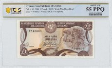 CYPRUS: 1 Pound (1.3.1984) in dark brown and multicolor. Mosaic of nymph Acme at right, arms at top left center, bank name in outlined letters by dark...