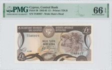 CYPRUS: 1 Pound (1.11.1985) in dark brown on multicolor unpt. Mosaic of nymph Acme at right and arms at top left center on face. S/N: "T 546927". WMK:...