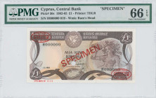 CYPRUS: Specimen of 1 Pound (1.2.1982) in dark brown and multicolor. Mosaic of nymph Acme at right, arms at top left center, bank name in outlined let...