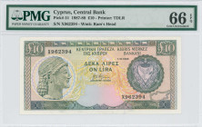 CYPRUS: 10 Pounds (1.10.1988) in dark green an blue-black on multicolor unpt. Archaic bust at left and modified arms at right on face. S/N "X962394". ...