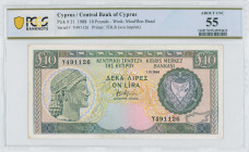 CYPRUS: 10 Pounds (1.10.1988) in dark green and blue-black on multicolor unpt. Archaic bust at left and arms at right on face. S/N: "Y 491126". WMK: M...