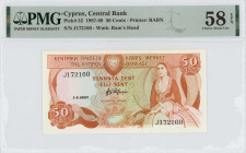 CYPRUS: 50 Cents (1.4.1987) in brown and multicolor. Woman seated at right on face. S/N: "J 172160". WMK: Ram head. Printed by (BABN). Inside holder b...