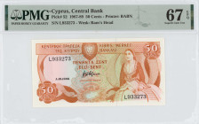 CYPRUS: 50 Cents (1.10.1988) in brown and multicolor. Woman seated at right on face. S/N: "L 933273". WMK: Moufflon head. Printed by (BABN). Inside ho...
