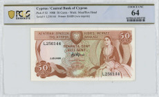 CYPRUS: 50 Cents (1.10.1988) in brown on multicolor. Woman seated at right on face. S/N: "L 256144". WMK: Moufflon Head. Printed by (BABN). Inside hol...