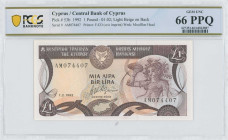 CYPRUS: 1 Pound (1.2.1992) in dark brown and multicolor. Mosaic of nymph Acme at right, arms at top left center, bank name in unbroken line of micro-p...