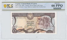 CYPRUS: 1 Pound (1.9.1995) in dark brown and multicolor. Mosaic of nymph Acme at right, arms at top left center, bank name in unbroken line of micro-p...