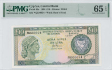 CYPRUS: 10 Pounds (1.6.1994) in dark green and blue-black on multicolor unpt. Archaic bust at left on face. S/N: "AQ 530924". WMK: Ram head. Printed b...