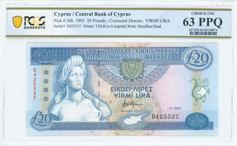 CYPRUS: 20 Pounds (1.3.1993) in deep blue on multicolor unpt. Bust of Aphrodite ...