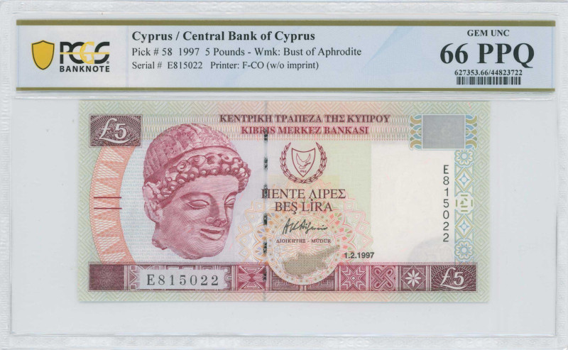 CYPRUS: 5 Pounds (1.2.1997) in purple and violet on multicolor unpt. Archaic lim...