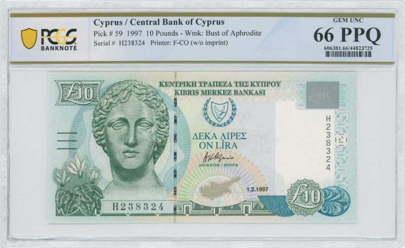 CYPRUS: 10 Pounds (1.2.1997) in olive-green and blue-green on multicolor unpt. M...