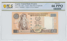 CYPRUS: 1 Pound (1.2.2001) in brown on light tan and multicolor unpt. Cypriot girl at left on face. Low S/N: "AW000097. WMK: Bust of Aphrodite. Printe...
