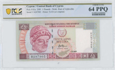 CYPRUS: 5 Pounds (1.2.2001) in purple and violet on multicolor unpt. Archaic limestone head of young man at left on face. S/N: "H 297905". WMK: Bust o...