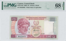 CYPRUS: 5 Pounds (1.9.2003) in purple and violet on multicolor unpt. Archaic limestone head of young man at left on face. S/N: "R 823862". WMK: Bust o...