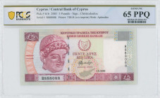 CYPRUS: 5 Pounds (1.9.2003) in purple and violet on multicolor unpt. Archaic limestone head of young man at left on face. S/N: "R 888088". WMK: Bust o...