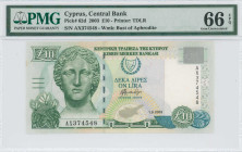 CYPRUS: 10 Pounds (1.9.2003) in olive-green and blue-green on multicolor unpt. Marble head of Artemis at left and arms at upper center on face. S/N: A...