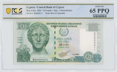 CYPRUS: 10 Pounds (1.4.2005) in olive-green and blue-green on multicolor unpt. Marble head of Artemis at left and arms at upper center on face. Low S/...