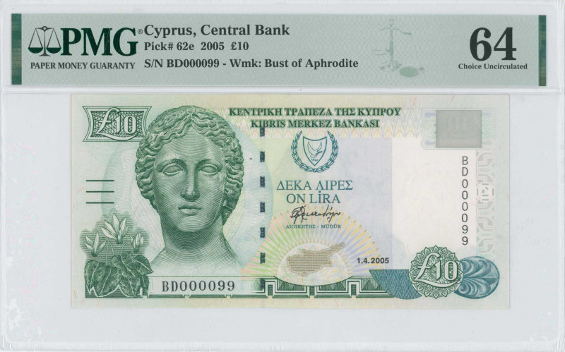 CYPRUS: 10 Pounds (1.4.2005) in olive-green and blue-green on multicolor unpt. M...