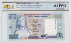 CYPRUS: 20 Pounds (1.10.2001) in deep blue on multicolor unpt. Bust of Aphrodite at left on face. S/N: "W 487698". WMK: Aphrodite. Printed by (TDLR). ...