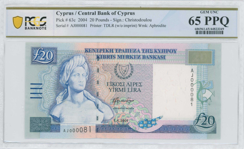 CYPRUS: 20 Pounds (1.4.2004) in deep blue on multicolor unpt. Bust of Aphrodite ...