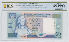 CYPRUS: 20 Pounds (1.4.2004) in deep blue on multicolor unpt. Bust of Aphrodite at left on face. Low S/N: "AJ 000081". WMK: Bust of Aphrodite. Printed...